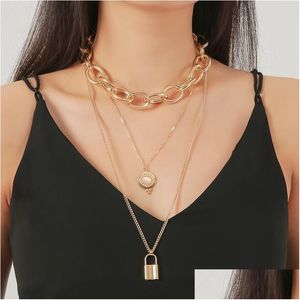 Pendant Necklaces Selling Accessories Punk Lockshaped Long Chain Necklace Fashion Disc Opal Mtilayer Sweater Thick Gold Drop Deliver Dh6Fb