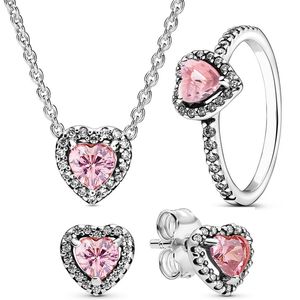 Authentische 925 Sterling Silber erhöhte Herz-Ohrring-Ring-Halskette mit rosa Kristall für Europa-Armband, Schmuck, Geschenk