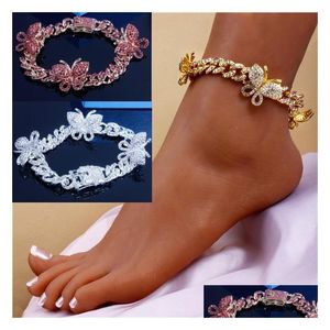 Anklets Gold Sier Color Pink 3 Colors Crystals Cuban Chain Butterfly Leg Foot Jewelry Women Anklet Summer Drop Delivery Dhdwb