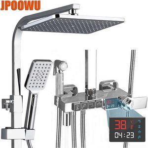 Bathroom Shower Sets Digital Chrome Shower Set Faucet Bathroom Hot Cold Mixer Rain System Wall Mount Full Kit Bath Tap Bathtub Silver Luxury Bidet G230525