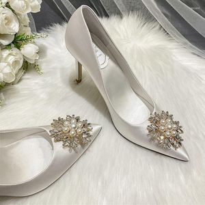 Dress Shoes French Wedding Snowflake Pearl Buckle White Pumps High Heels Satin Bridesmaid Single Large Size Bridal