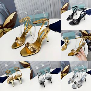 Studded Metallic Leather High-heeled Sandals Triangle Emed Sandal Women Stiletto Pumps Summer Show Wedding Party Shoes