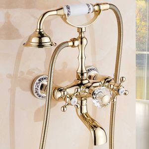 バスルームシャワーセットヨーロッパスタイルの真鍮メッキゴールドシャワー蛇口浴槽シャワースーツコールドホットミックスウォーターシャワータップローズゴールドテレフォン蛇口G230525