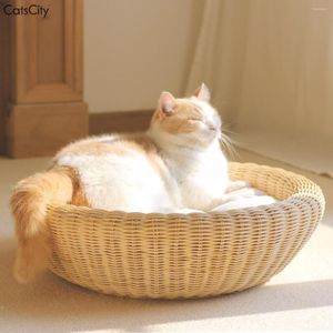 Kedi Yatakları El Yapımı Gerçek Rattan Çift Katmanlı Dairesel Çöp Tüm Seasons Rahat ve Yumuşak Yatak