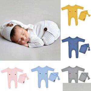 Romper Born Romper Set Ayak Örgü Ekle Uykulu Şapka Ekle 2pcs/Set Sevimli Bebek P Ography PROP M2997 DRAP TESLİM KADINLARI KADAR GİYİM DHU4T