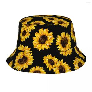 Berets Sunflowers Floral Pattern Bucket Hat For Women Men Printed Helianthus Annuus Summer Beach Sun Fisherman Cap