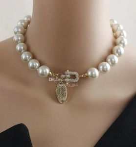 2023 large pearl necklace with full diamond horseshoe buckle, high-end and exaggerated neckchain accessories for women