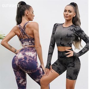 Active Sets Gutashye 4PCS Seamless Tie-Dye Yoga Sports Fitness High Waist Hip Raise Pants Workout Clothes Gym Leggings Set For Women