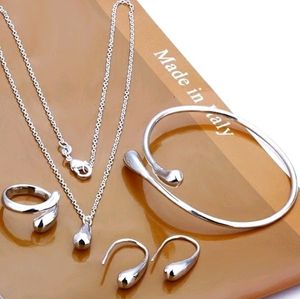 Moda S925 Brincos de agulha de prata Silting Pulseira de anel Conjunto de personalidade simples Água feminina gota de jóias de quatro peças Conjunto para mulheres Presente