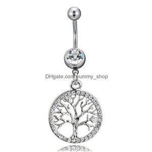 Navel Bell Button Rings Piercing Tree Of Life Charm Round Slide Crystal Women For Belly Body Jewelry Drop Delivery Dhrq3