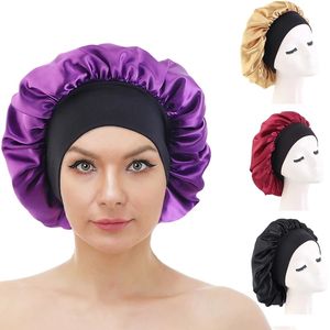 Kvinnor Satin Sleeping Hat Wide Band Night Sleep Hair Care Bonnet Extra Satin Silky Dusch Caps Chemo Caps Hair Loss Cover Wrap