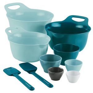 Rachael Ray Mix and Measure, Melamine, Mixing Bowl Measuring Cup, and Nylon, Utensil Set, 10 Piece, Light Blue and Teal