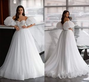 Dubai Arabisch Puffy Laternenärmel A-Linie Brautkleider Sexy Schatz Spitze Glitzer Pailletten Brautkleider Langes bescheidenes Empfangspartykleid für die Braut