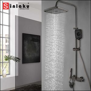 Set doccia da bagno SINLAKU Set doccia da bagno Gun Grey Square Rainfall Top Spray a parete con bidet Miscelatore a quattro pulsanti stile G230525