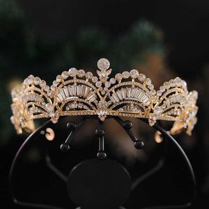 Diğer Moda Aksesuarları Barok Retro Altın Renk Geometrik Kristal Gelin Tiaras Taç Rhinestone Pageant Diadem Bride Kafa Bandı Düğün Saç Erişim J230525