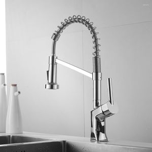 Kitchen Faucets Modern Single Handle Sink Mixer Tap 360 Swivel Pull Down Spring Spout Chrome Brass Water Faucet AT9218