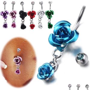 Navel Bell Button Rings Stainless Steel Hypoallergenic Belly Crystal Rose Flower Body Piercing Bar Jewlery For Women Bikini Fashio Dhk2W