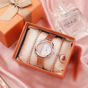 Wristwatches Korean Simple Women's Quartz Watch Set Gift Box 3-piece Sweet Leisure Steel Diamond Bead Bracelet