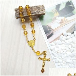 Pulseira de acrílico transparente amarelo de miçangas Jesus cruzar o rosário de joias religiosas entrega de entrega de pulseiras dhqtu