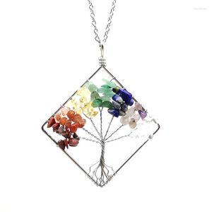 Pendant Necklaces Chakra Square Shape Gems Chip Stone Tree Of Life Irregular 7 Color Healing Reiki Jewelry