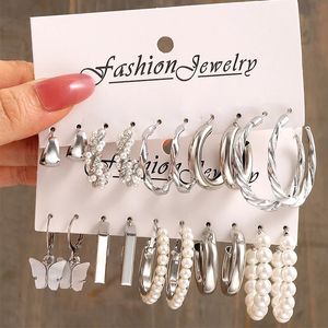 Silber Farbe Schmetterling Ohrringe Set Für Frauen Mädchen Vintage Perle Kreis Geometrische Twist Hoop Ohrringe 2022 Trendy Schmuck Geschenke