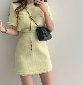 Mulher coreana Moda O-Gobes O Tweed de Manga Curta Top e uma linha A-line Desinger Skirt Twinset 2 PC Dress Tone