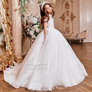 Mädchenkleider Elfenbein Spitze Applikationen Blumenmädchen für Hochzeiten Perlen Baby Sheer Long Sleeves Poshoot Prinzessin Kleid Geburtstagskleider