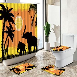 Shower Curtains Elephant Giraffe Elk Silhouette Curtain Wild Animal Tropical Plants Ocean Sunset Scenery Rug Toilet Cover Bathroom Set