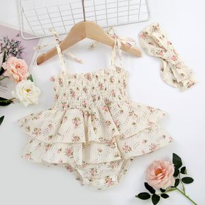 Rompers Infant Baby Girl Summer Jumpsuit Set Floral Elasticated Bust Sleeveless Strap Ruffled Romper with Bow Headband Outfit 230525