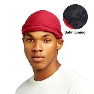 New Ethnic Style Model cotton braid Men's Turban Hat Satin Lined Elastic Wrapped Head Hat Arab Fiber Hat Do-rag Long Straps