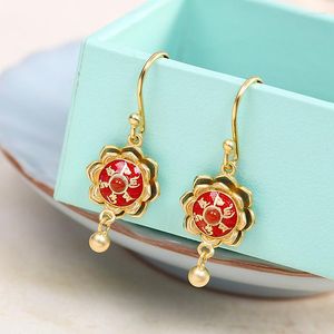 Dangle Earrings Creative Design Inlaid Fringed Enamel Porcelain Eight-petal Lotus Chinese Style Retro Charm Ladies Jewelry