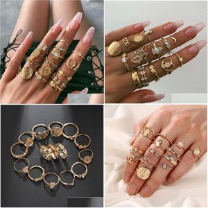 Cluster Rings Boho Gold Stackable Ring Set Joint Knuckle Carved Finger Stylish Hand Accessories Jewelry For Women And Girls Drop Deli Dhyuc