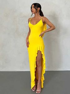 Sexy Rückenless Rüschen schwarzloses Maxikleid für Frauen Sommer Beach Urlaub Party Kleidung Ruched Bodycon Split Kleider