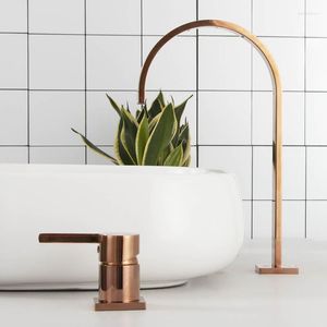 Bathroom Sink Faucets Rose Gold Brass Basin Faucet Long Square Pipe Dual Hole Widespread Cold And Water Mixer Tap Deck Mounted Rotatable