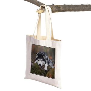 Sacos de compras siberian husky cão lona shopper bolsa reutilizável animal impressão dupla impressão casual saco feminino para supermercado
