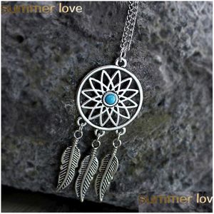 Pendant Necklaces Fashion Dream Catcher Leaves Necklace Antique Sier Color Alloy Long Chain For Women Girl Jewelry Gifts Drop Delive Dhwoi