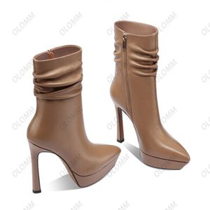 Olomm Women Winter Platform Ankle Boots Side Zipper Sexy Stiletto Heels Pointed Toe Pretty Camel Party Shoes Plus US Size 3-9.5