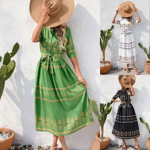 Casual Dresses Fashion Print Shirt Dress Retro Chic Woman Vintage Maxi Elegant Button Belt High midjeklänningar för kvinnor