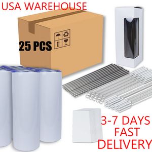 25Pack US Warehouse 20oz Tumblers de aço inoxidável para transferência de calor Printing Sublimação em branco Branco de parede dupla isolada copos retos canecas SS0526