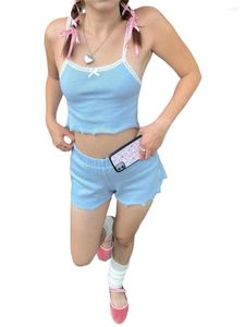 女性のショーツ女性サマー2ピース服セットレースパッチワーク基本キャミソールとルーズカジュアルハイウエストクラブウェア