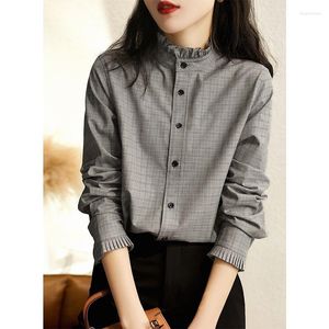 Women's Blouses Original Single Stand Collar Cotton Plaid Shirt Women Clothing Retro Style Design Sense Niche Top Long Sleeve Blusas Woman