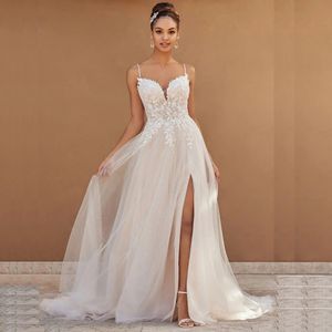 Sexy Boho A Line Beach Wedding Dresses Spaghetti Strap Glitter Summer Bridal Gown With Slit Lace Appliques Civil Mariage 326 326