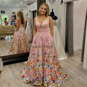 Nowa 3D Florals Dress z kolorowymi kwiatami Linia różowa długość podłogi wieczorna sukienka Elegancka długa, formalna spódnica okazja Ceremonia Vestidos de Noche 2023