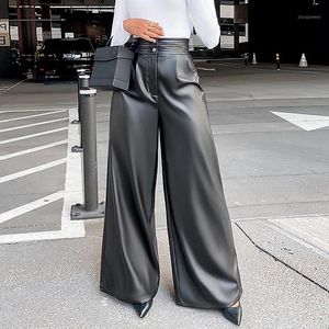 Calça feminina capris feminino cor sólida cor alta perna larga perna 2023 calça moda de moda fêmea feminina de couro solto e preto longa senhora