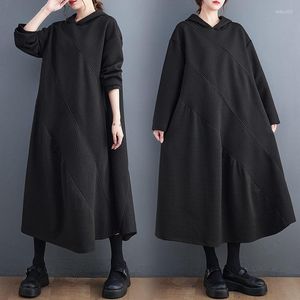Casual Dresses Autumn And Winter Sweatshirt Dress Women 2023 Hooded Waffle Patch Black Loose Wild Hoodies Female Robes T799