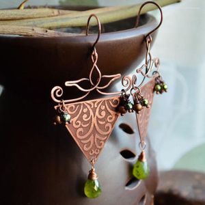 Dangle Earrings Creative Ancient Red Copper Hand-wound Geometric Ethnic Style Triangle Carving Totem Green Crystal For Female