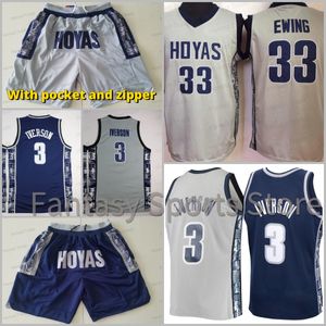 Shorts de camisa de basquete da NCAA Iverson Allen Patrick Ewing Georgetown Hoyas College University veste shorts de camisas masculinas com bolsos com zíper