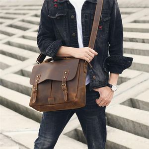 Bortkroppar Naturliga äkta läder Mäns portfölj Retro Handväska Fashion Work Laptop Brown Shoulder Messenger Väskor