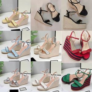 Designer Straw Sandals Women Chunky Heel Sandal Cord Espadrille Wedge-formade klackar 13 cm Fashion äkta läderband fiskare bröllopsklänningskor med låda