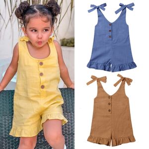 Rompers 16y Baby Girl Cotton Linen Clothes Girls Ruffle Romper Kids Jumpsuit Summer ärmlösa knappar Outfits 230525